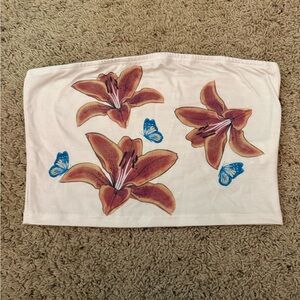 SHEIN White Crop Top with Floral and Butterfly Design